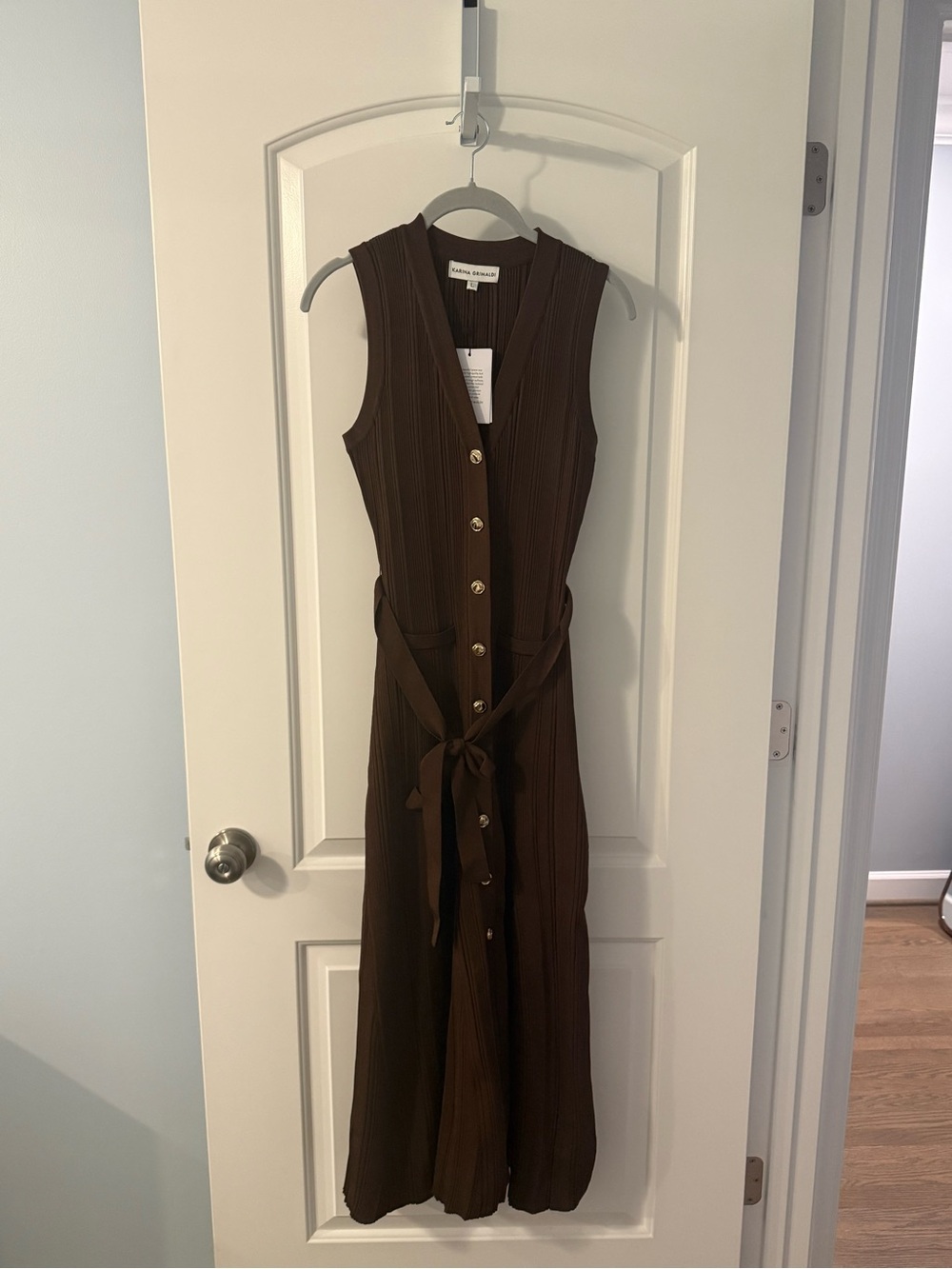 Karina Grimaldi Brown Sleeveless Button-Front Knit Dress with Tie Waist